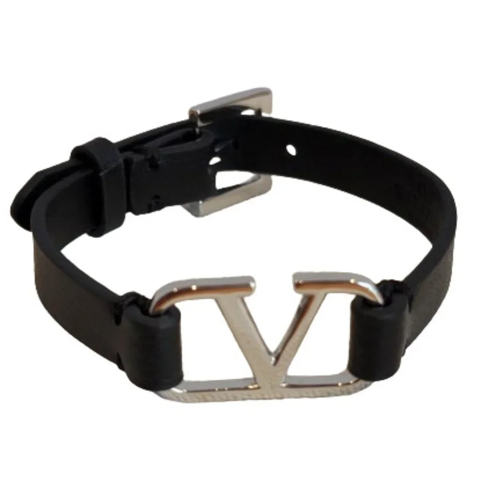 Valentino Garavani V-Logo Signature Leather Bracelet Silver Hardware - Picture 2 of 6
